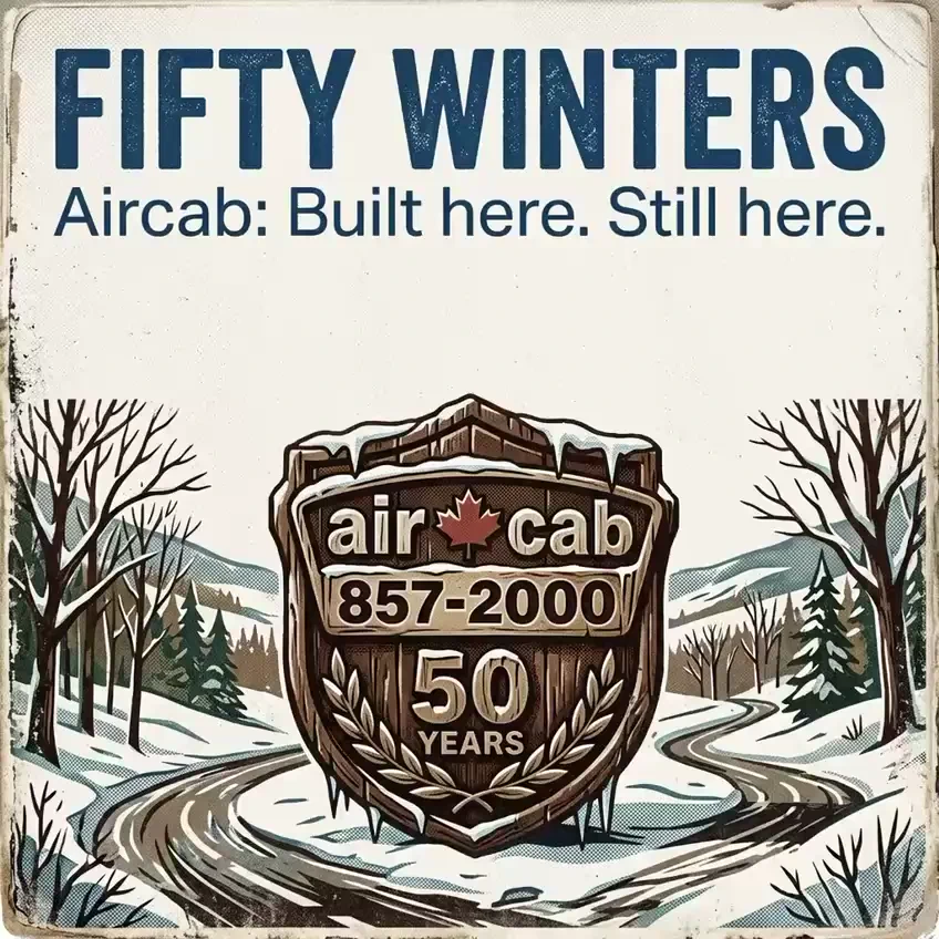 Pochette de la chanson Fifty Winters montrant l'écusson des 50 ans d'Air Cab sur une route enneigée de Moncton