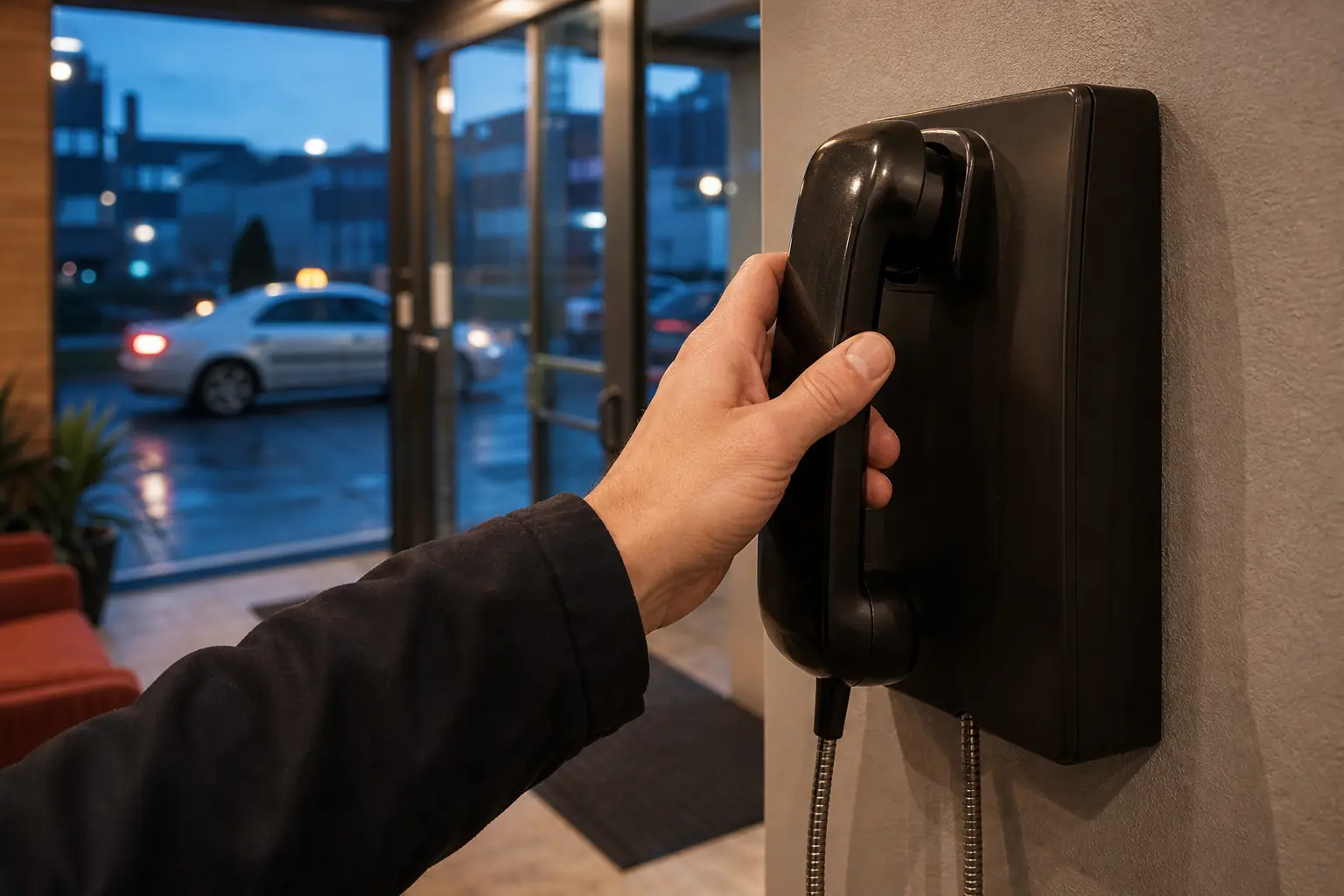 Une main soulève le combiné d’un téléphone de courtoisie mural dans un hall