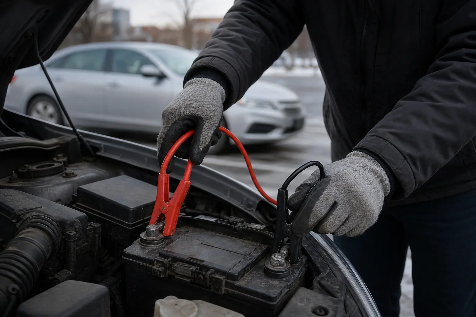 Des pinces de câbles de démarrage sont fixées à une batterie de voiture